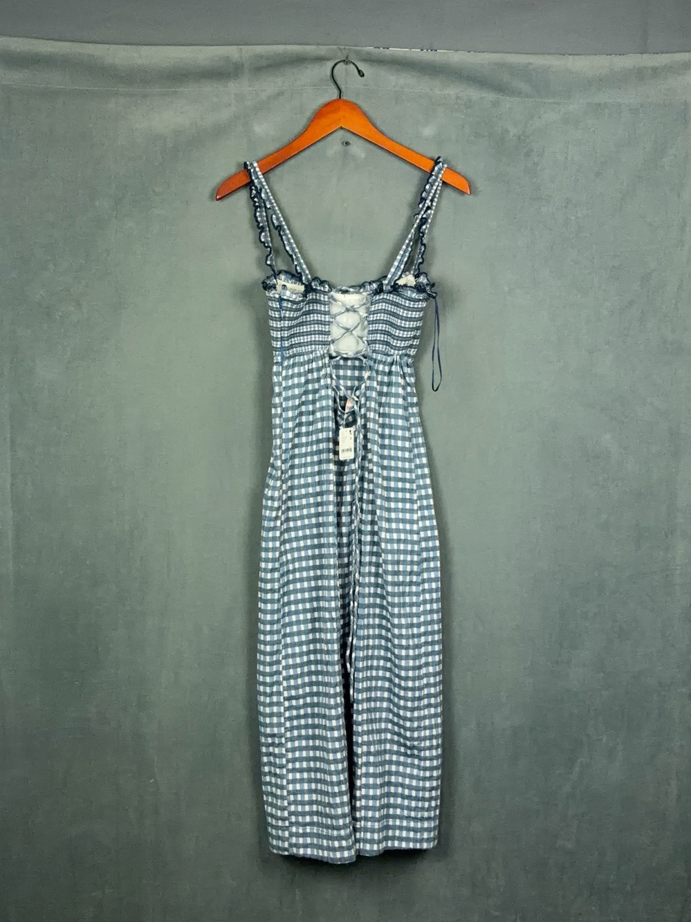 Free People Lucinda Gingham Midi Dress Size Large Blue Check Cottage Coastal NWT - Picture 7 of 14